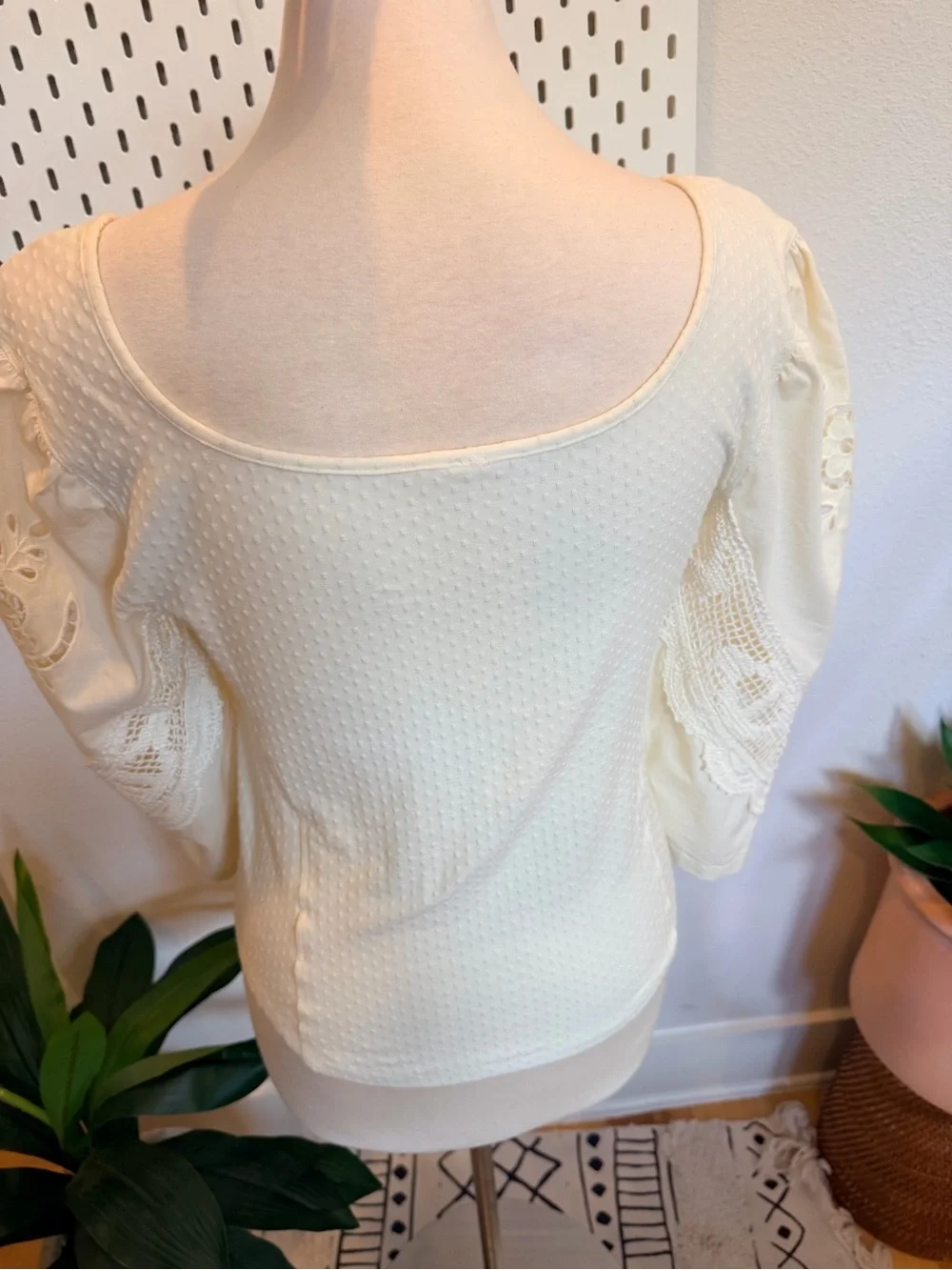 Free People Brunch Date Top Ivory Crochet Lace Boho Size L